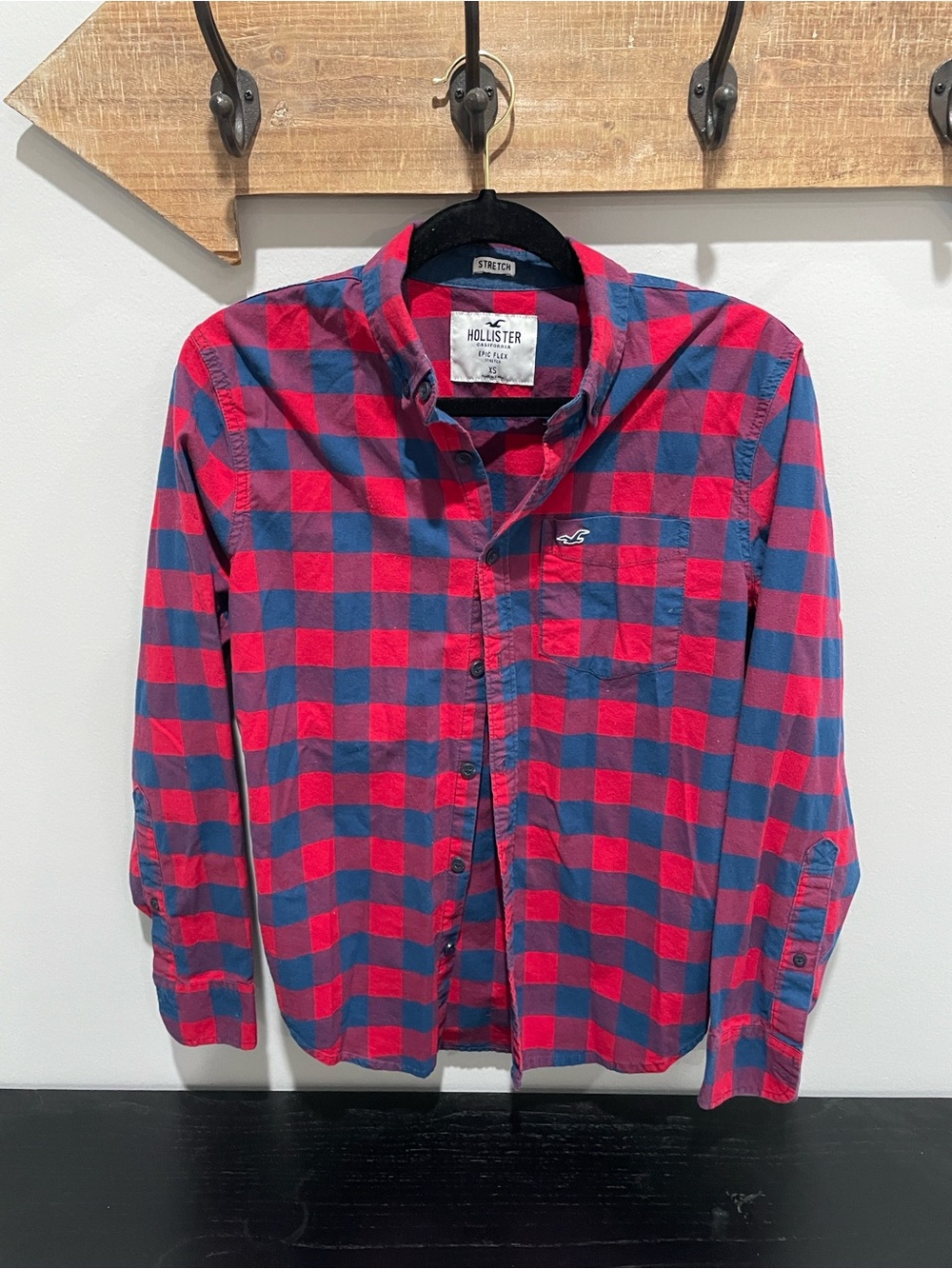 Hollister Red and Blue Plaid Button-Up Shirt